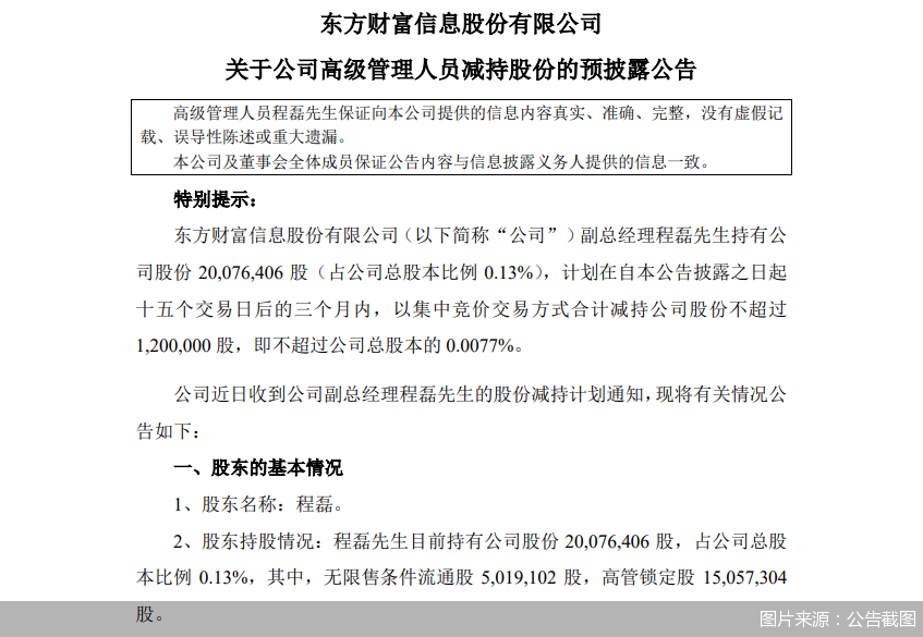 龙讯财经:新澳门资料大全正版资料2024-东方财富：副总经理程磊拟减持公司股份不超过120万股  第1张