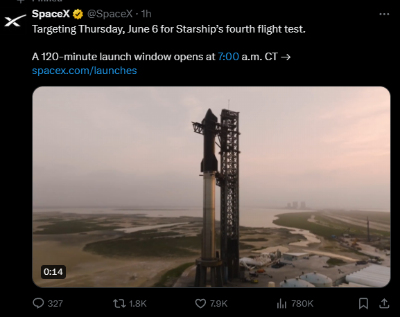 SpaceX宣布星舰6月6日进行第4次试飞