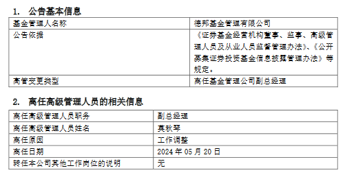 任职1年4月！德邦基金副总经理莫秋琴离任  第1张