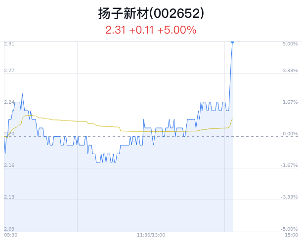 扬子新材上涨5% 主力净流入增加