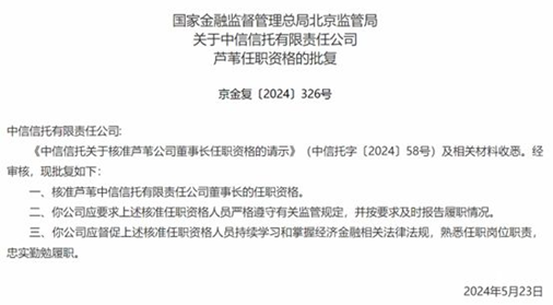 “掌舵人”确定 70后芦苇担任2万亿中信信托新董事长