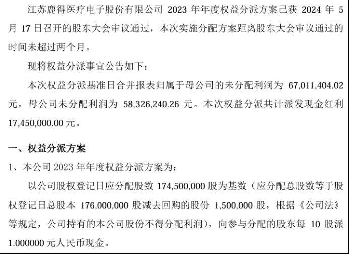 鹿得医疗2023年度权益分派每10股派现1元 共计派发现金红利1745万