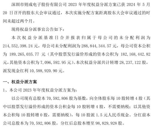 则成电子2023年度权益分派每10股转增4股派现1.5元  第1张